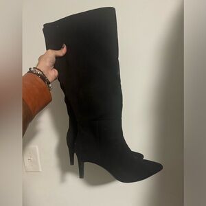 Knee High Suede Black Kitten Heel Boots